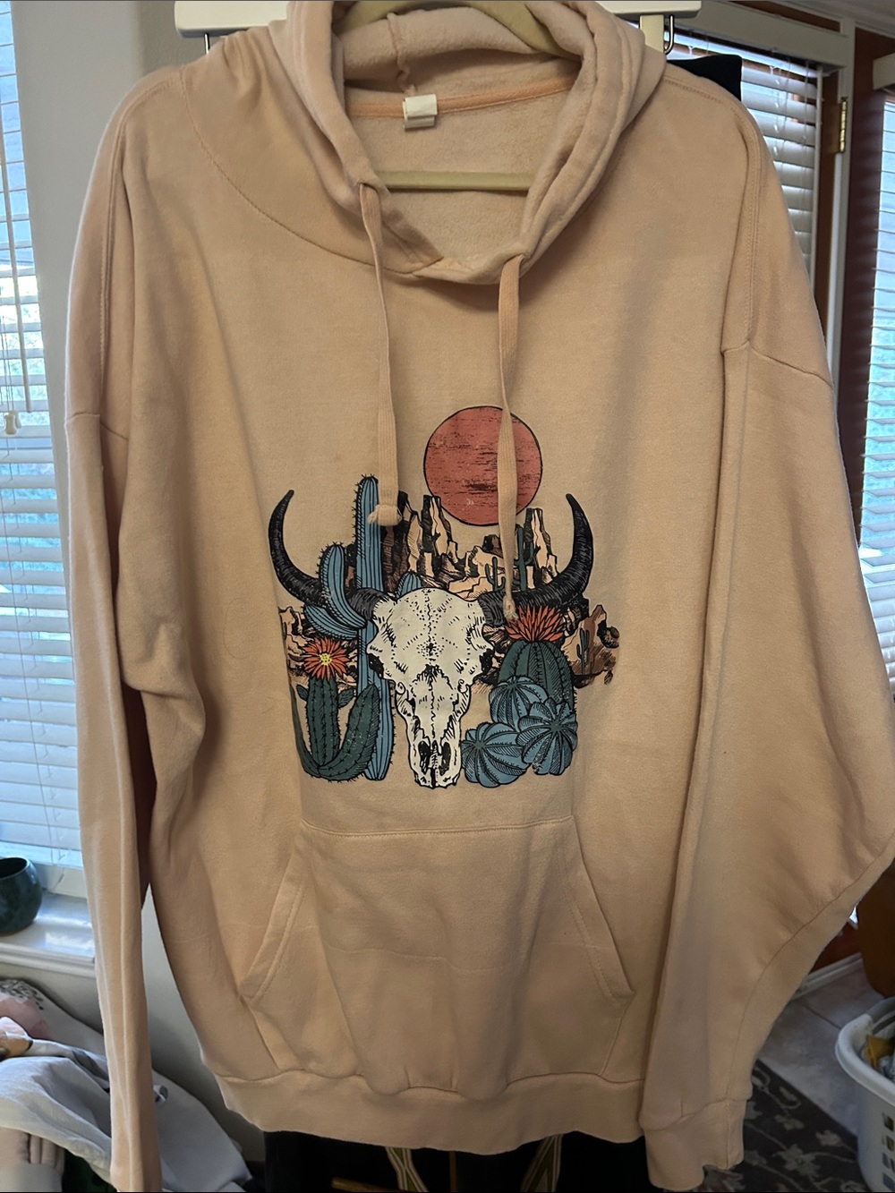 Lucky & Blessed Beige Desert Skull Hoodie with Cactus Graphic VGUC